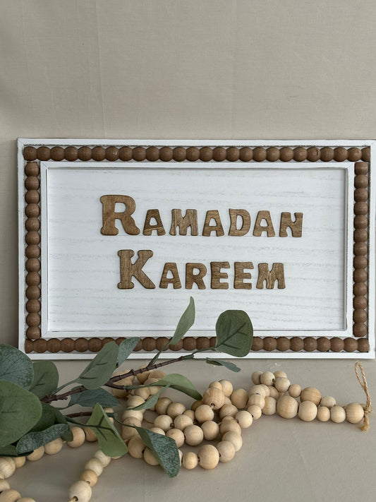 Ramadan Kareem White Wooden Sign with Beaded Frame