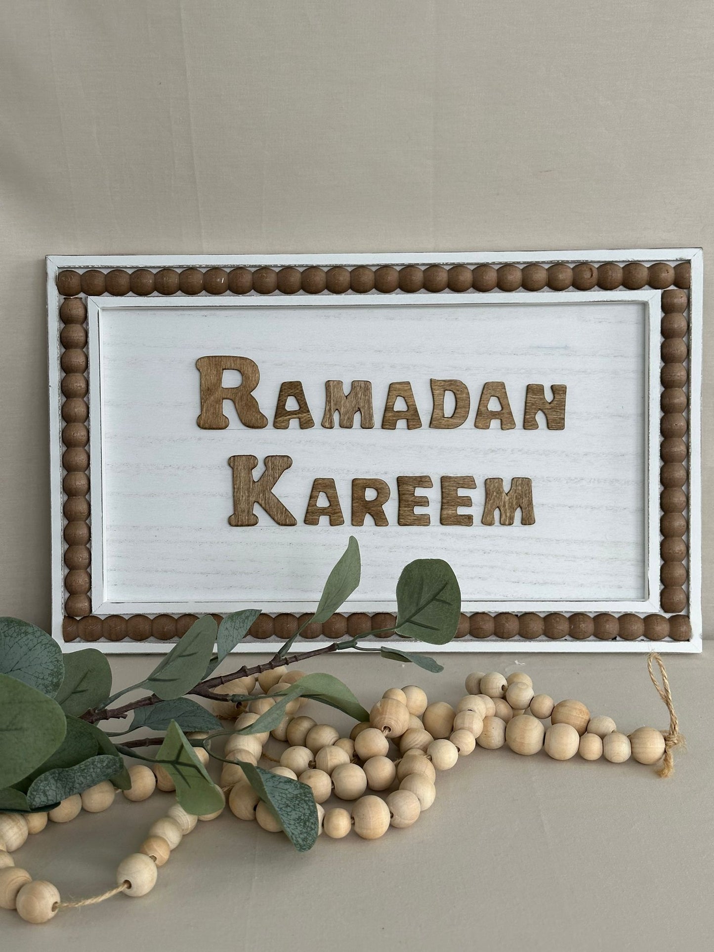 Ramadan Kareem White Wooden Sign with Beaded Frame