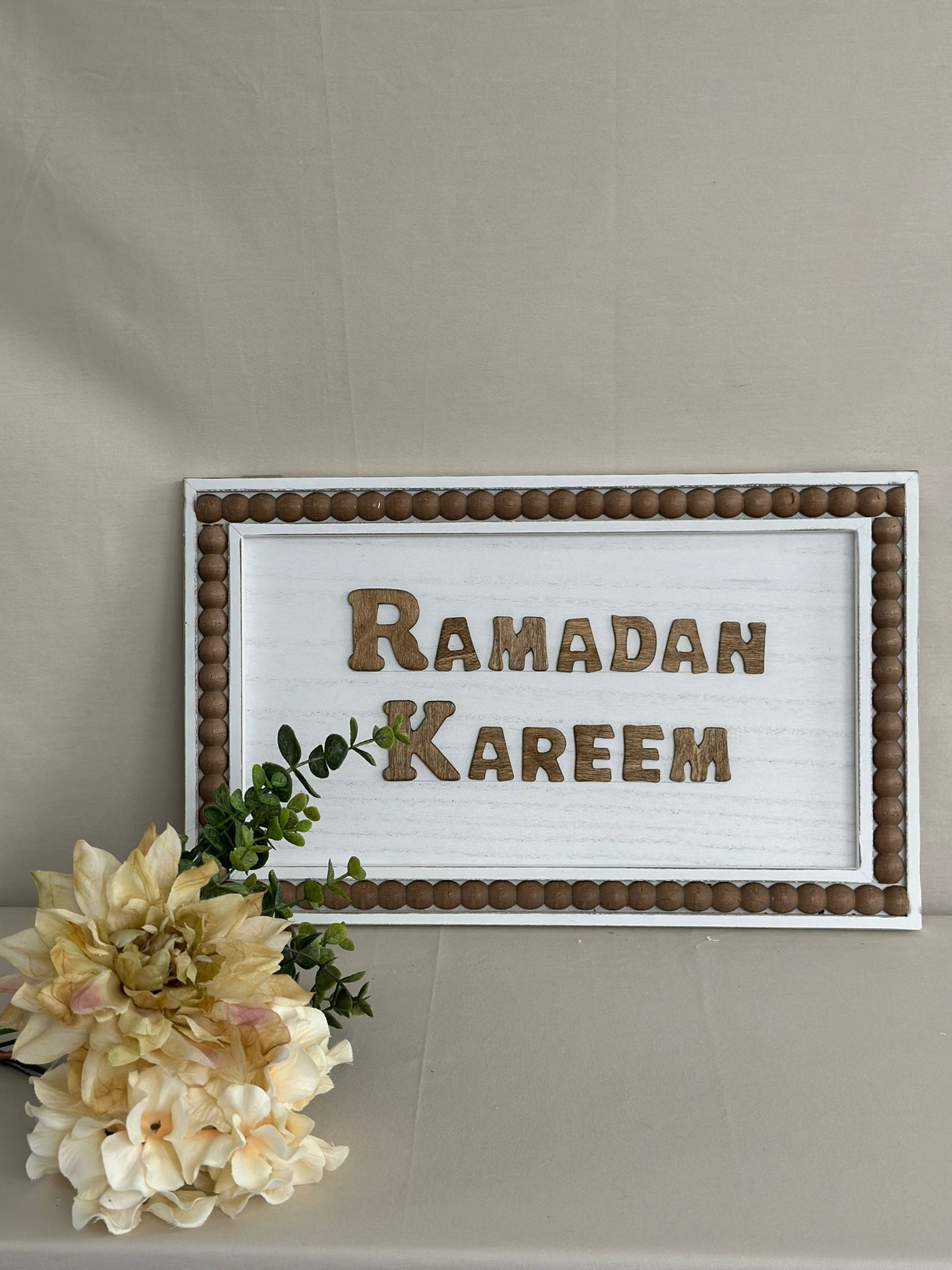 Ramadan Kareem White Wooden Sign with Beaded Frame